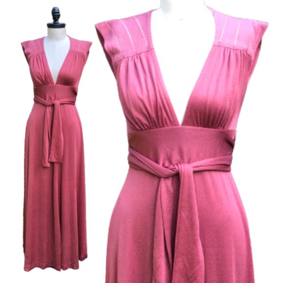 Vtg 70s Puce Rose Pointelle Knit V-Neck Tie Waist Open Back Maxi Disco Gown S/M - Picture 5 of 17